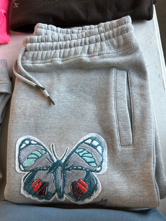 Wild Lady Butterfly Embroidered Sweatpant in Heathered Gray