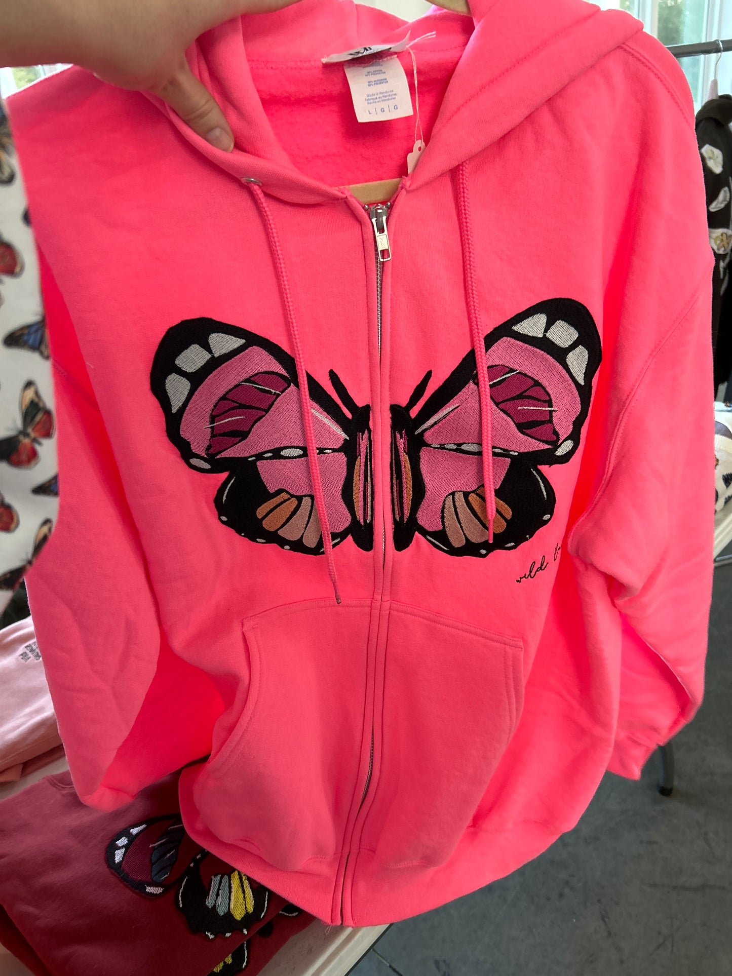 Wild Lady Embroidered Butterfly Hoodie in Neon Pink