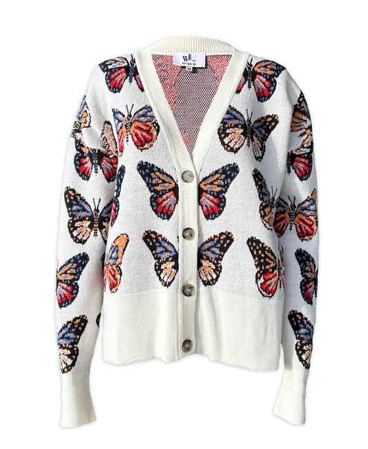 Merino Wool Cardigan in Milky White with butterflies in shades of red, blue, tangerine, and black.  Made in family owned factory in Italy.