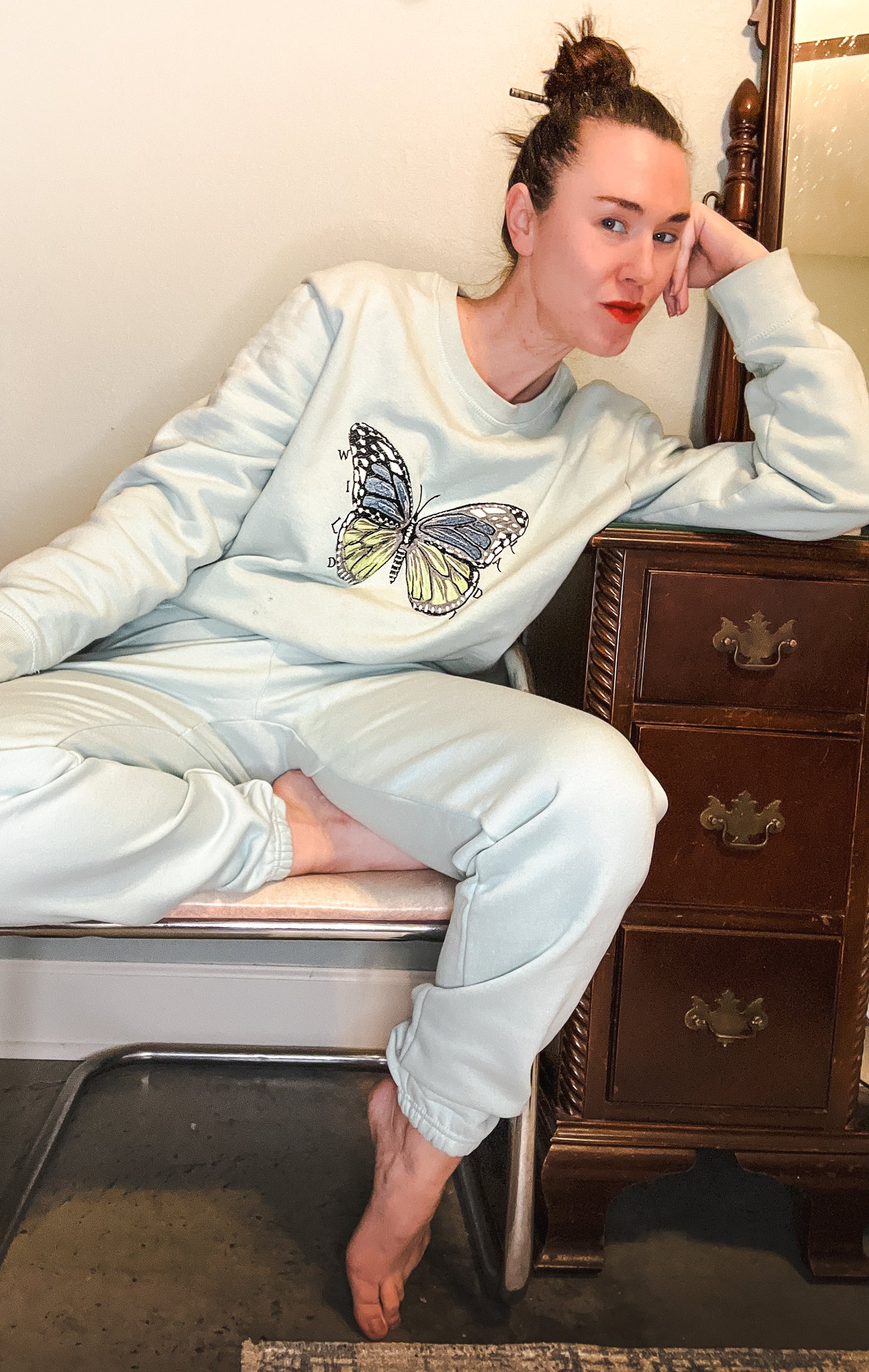 Wild Lady Butterfly Embroidered Sweatpant in Seafoam