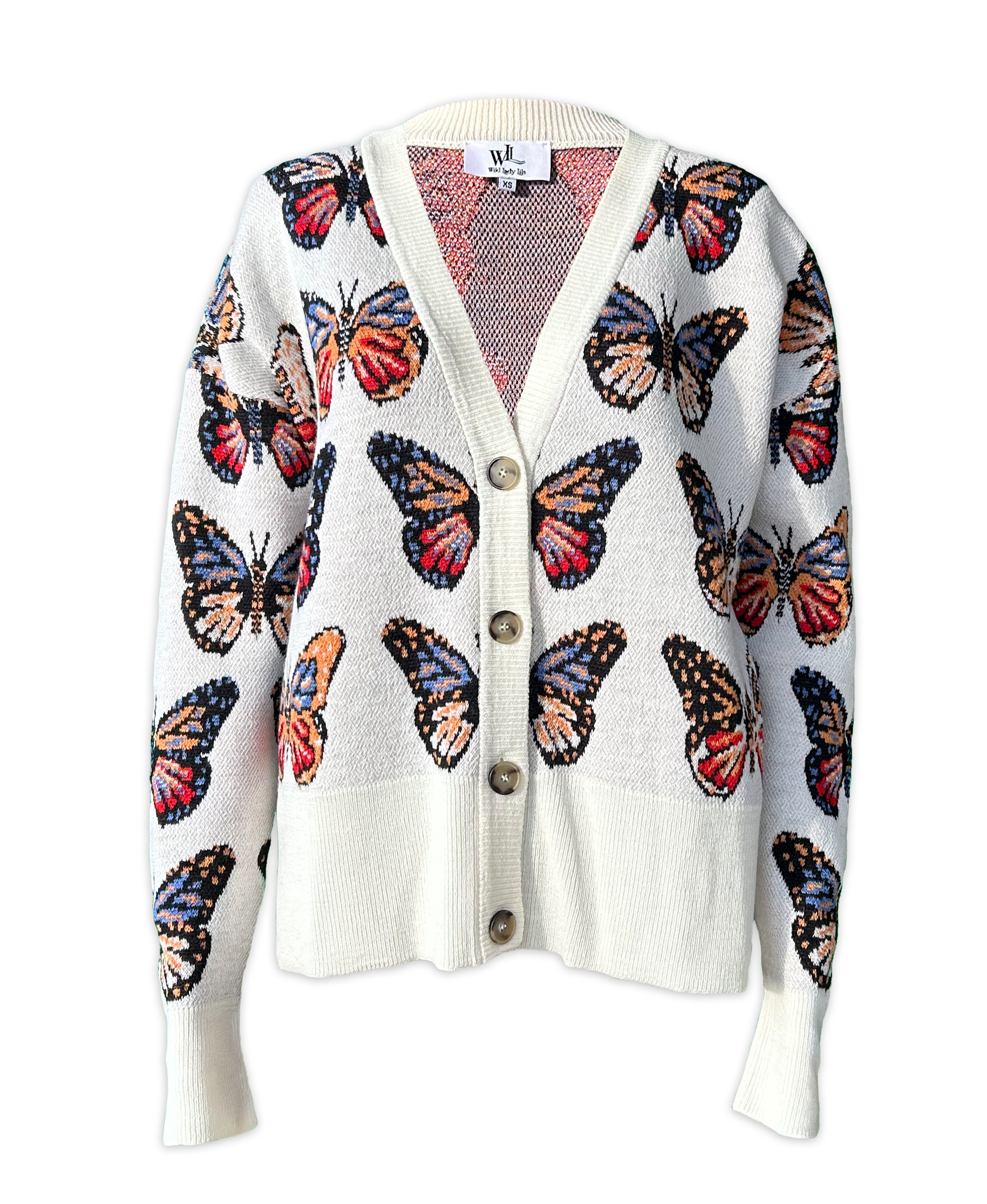 Merino Wool Cardigan in Milky White with butterflies in shades of red, blue, tangerine, and black.  Made in family owned factory in Italy.