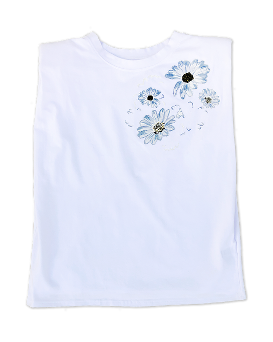 Embroidered Shoulder Pad Tee in Blue Sketches